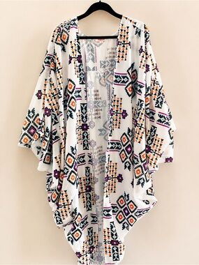 Mazik White Open-Front Boho Kimono with Multicolor Geometric Print